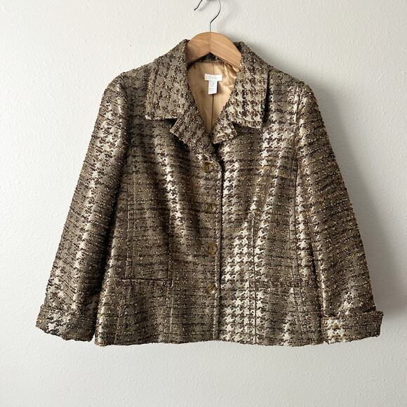 Chico’s Size 2 Olive Green Metallic Gold Tweed Button Blazer women’s size large - Picture 2 of 14
